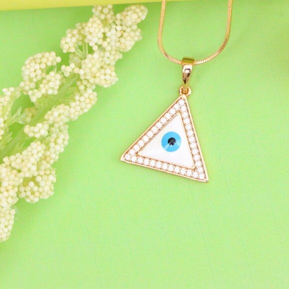 "Triangle Evil Eye Rose Gold Pendant with Cubic Zirconia Border, XPPT1474 - Picture 2 of 13